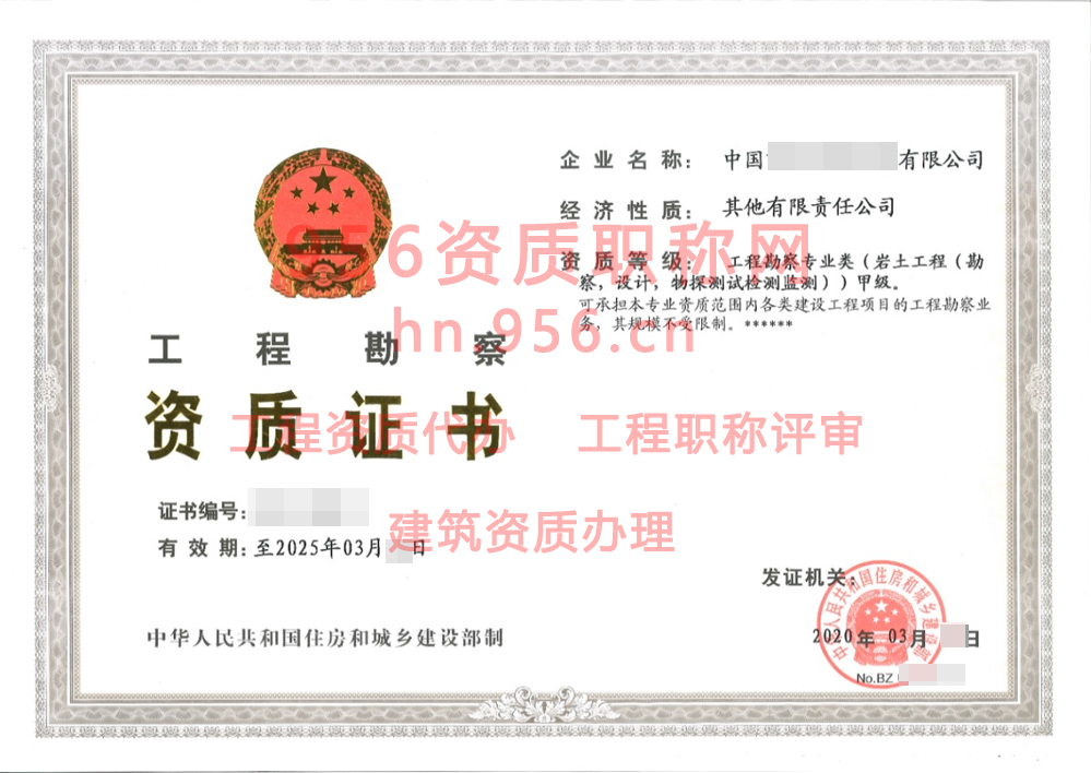 2020年3月甲级工程勘察资质证书案例展示